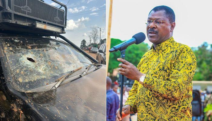 Car that was damaged by goons in Bungoma County (left) and NA Speaker Moses Wetang'ula.